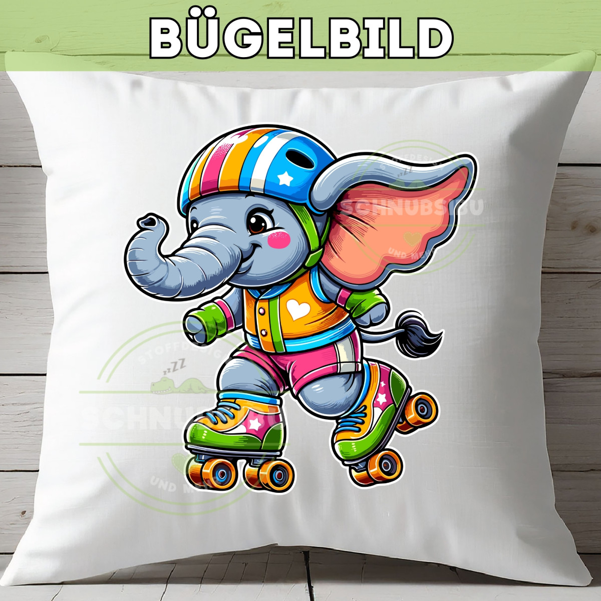 Bügelbild Elefant auf Rollschuhen